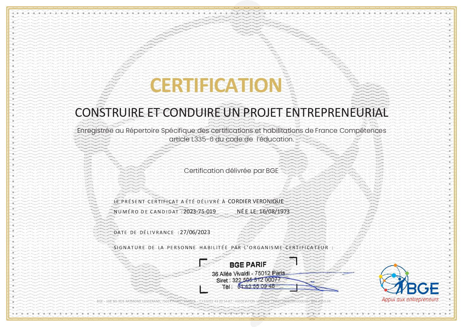 Certificat CORDIER